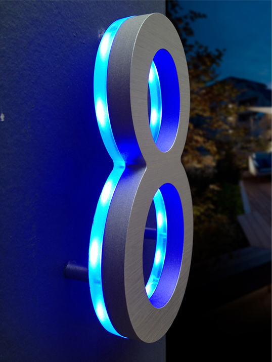 Modern Illuminated House Numbers Blue by Luxello LED Signage